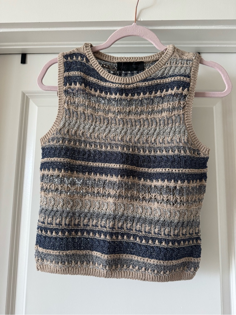 Zara Striped Knit Sleeveless Sweater Vest in Navy and Beige